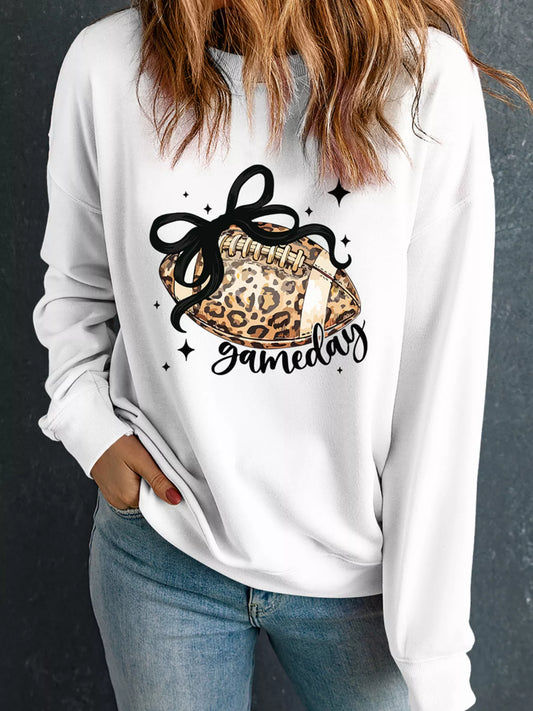 White crew neck sweatshirt with black leopard football and gameday graphic.