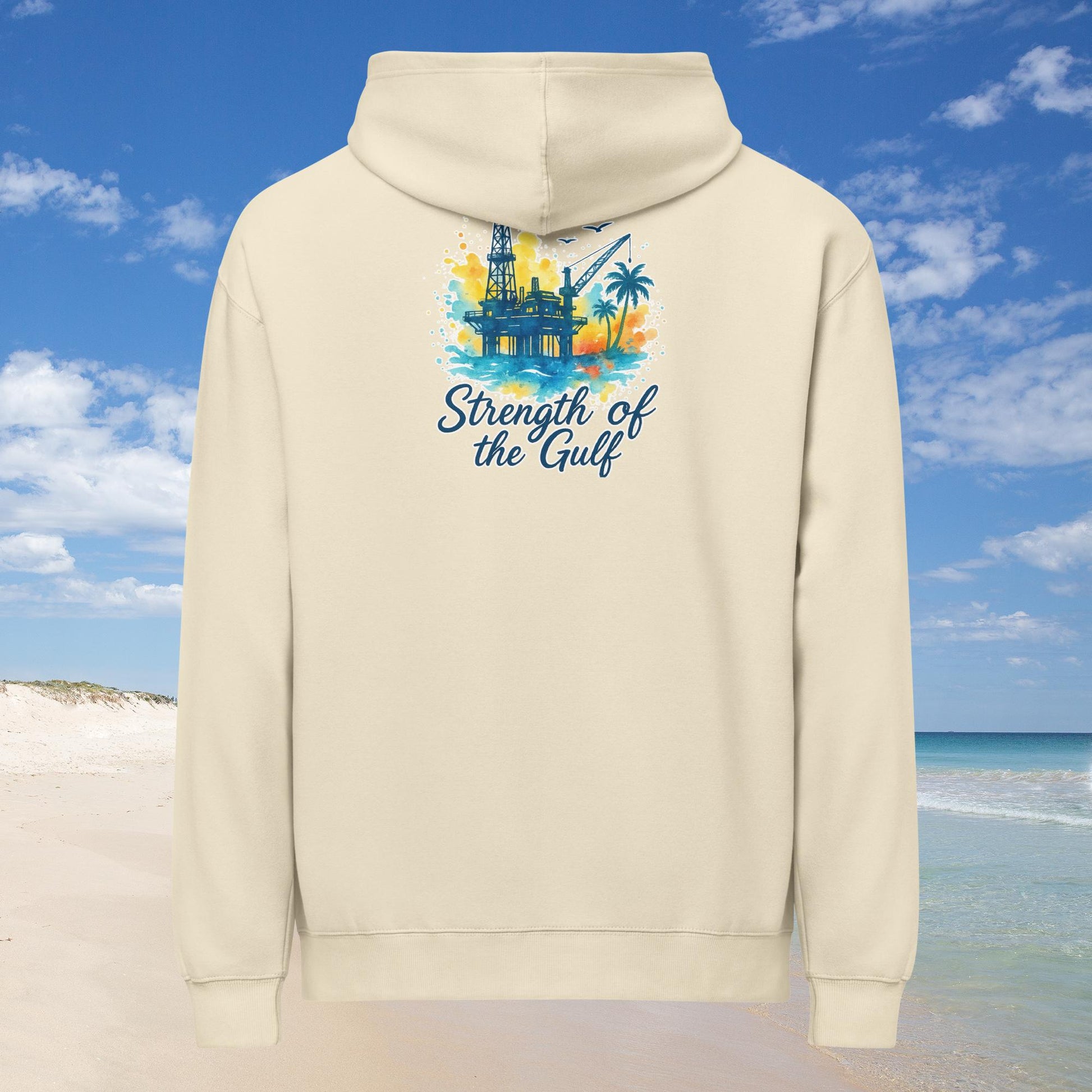 Beige men's boxy hoodie with watercolor oil rig and "Strength of the Gulf" text on back.
