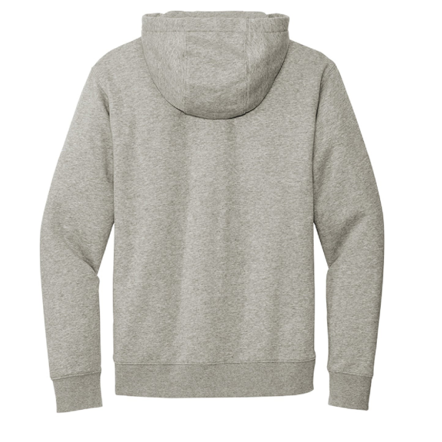 Rear view of gray Nike fleece pullover hoodie with hood and sleeve Swoosh.