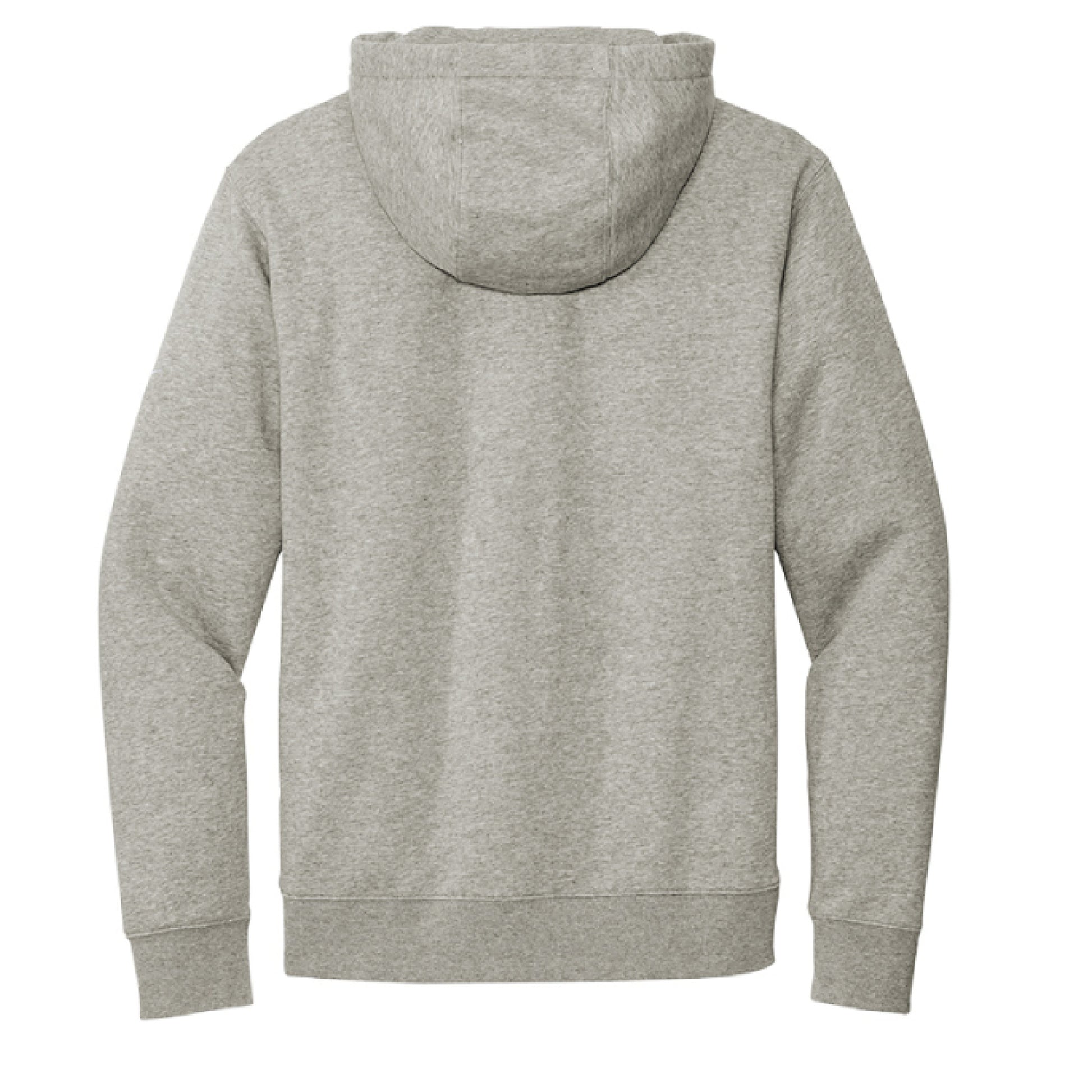 Rear view of gray Nike fleece pullover hoodie with hood and sleeve Swoosh.