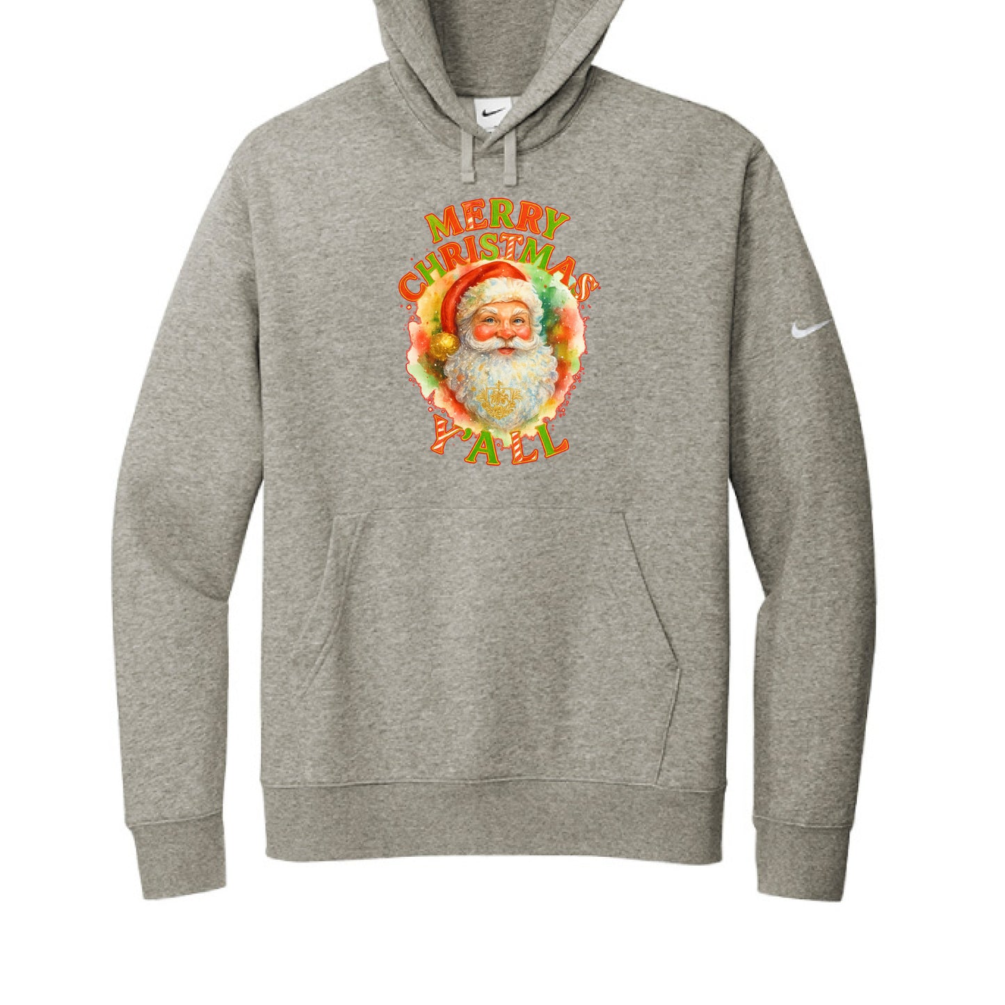 Gray Nike fleece hoodie with colorful Santa graphic and Merry Christmas Ya'll text.