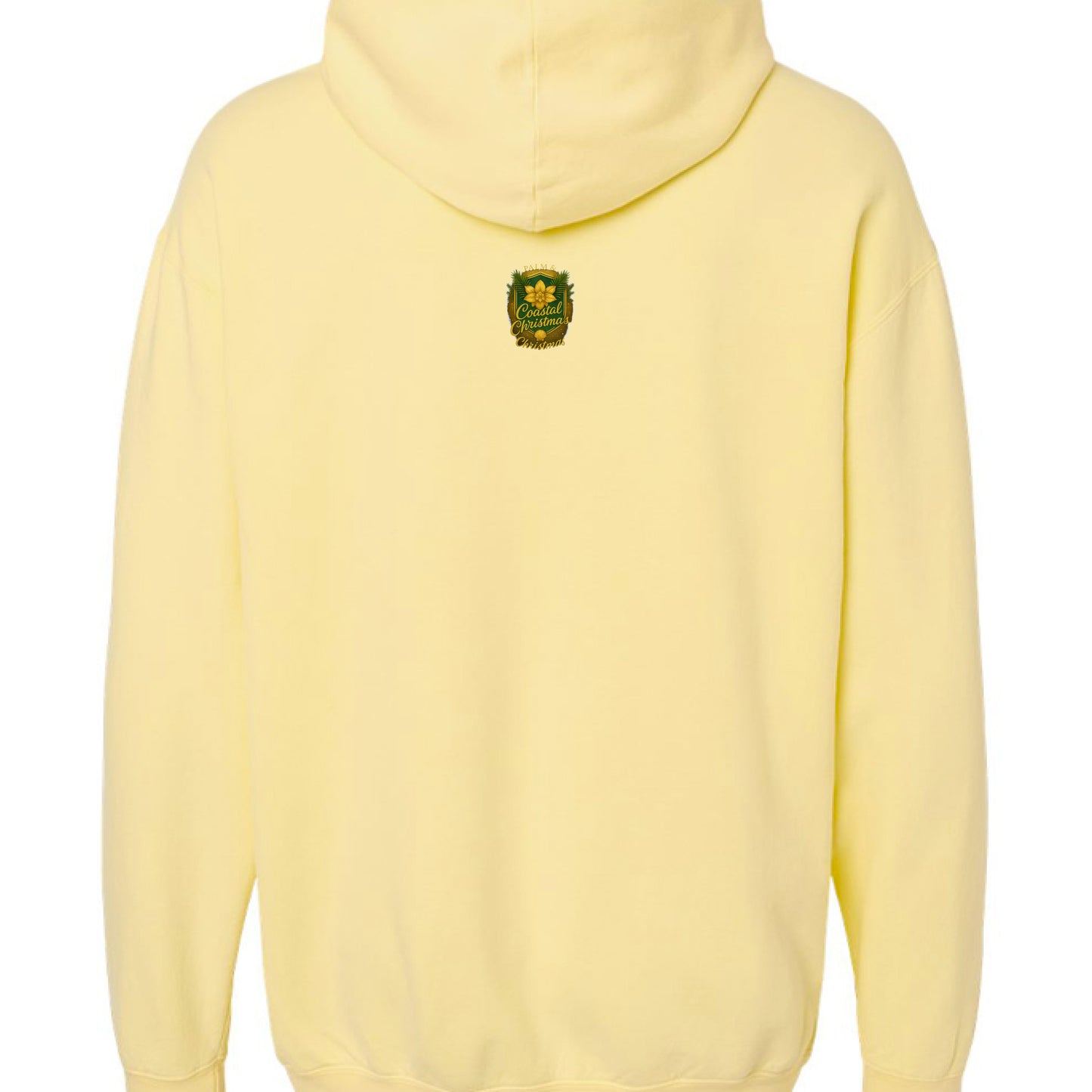 Yellow hoodie with green embroidered crest on back, hood up.