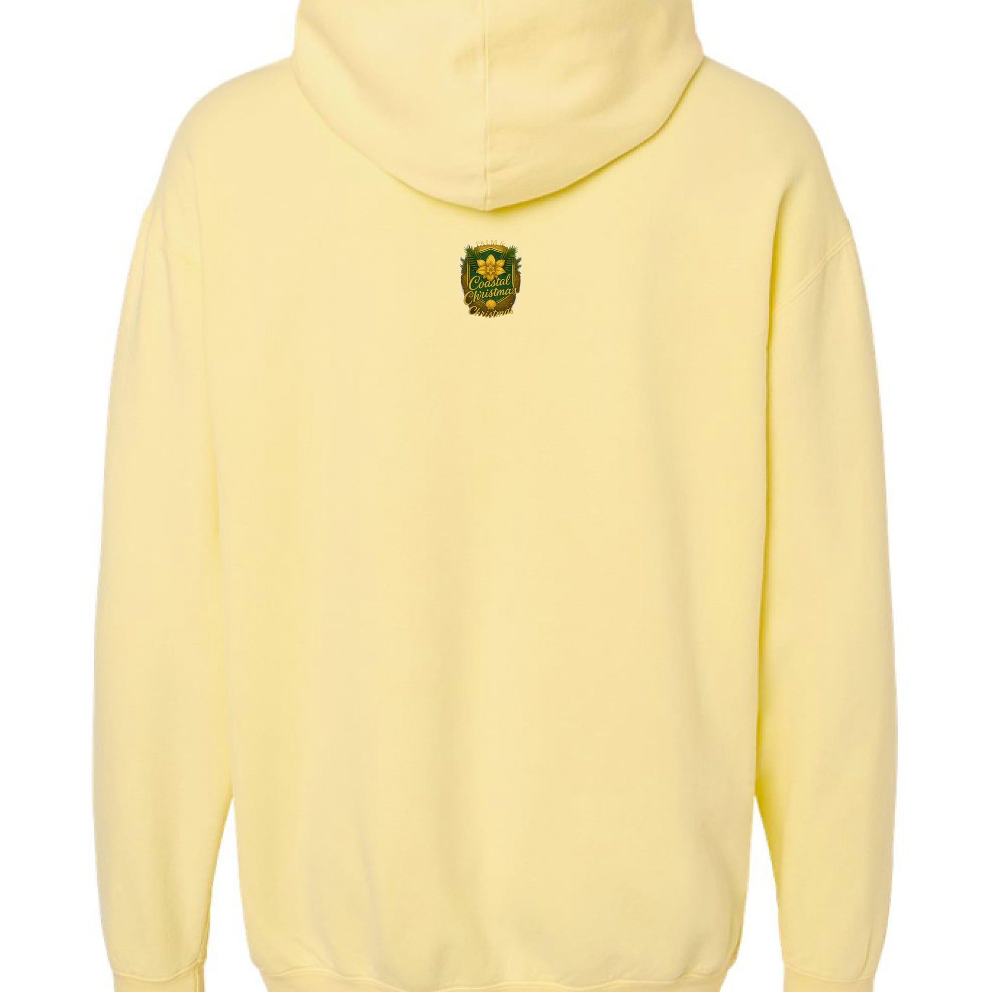 Yellow hoodie with green embroidered crest on back, hood up.