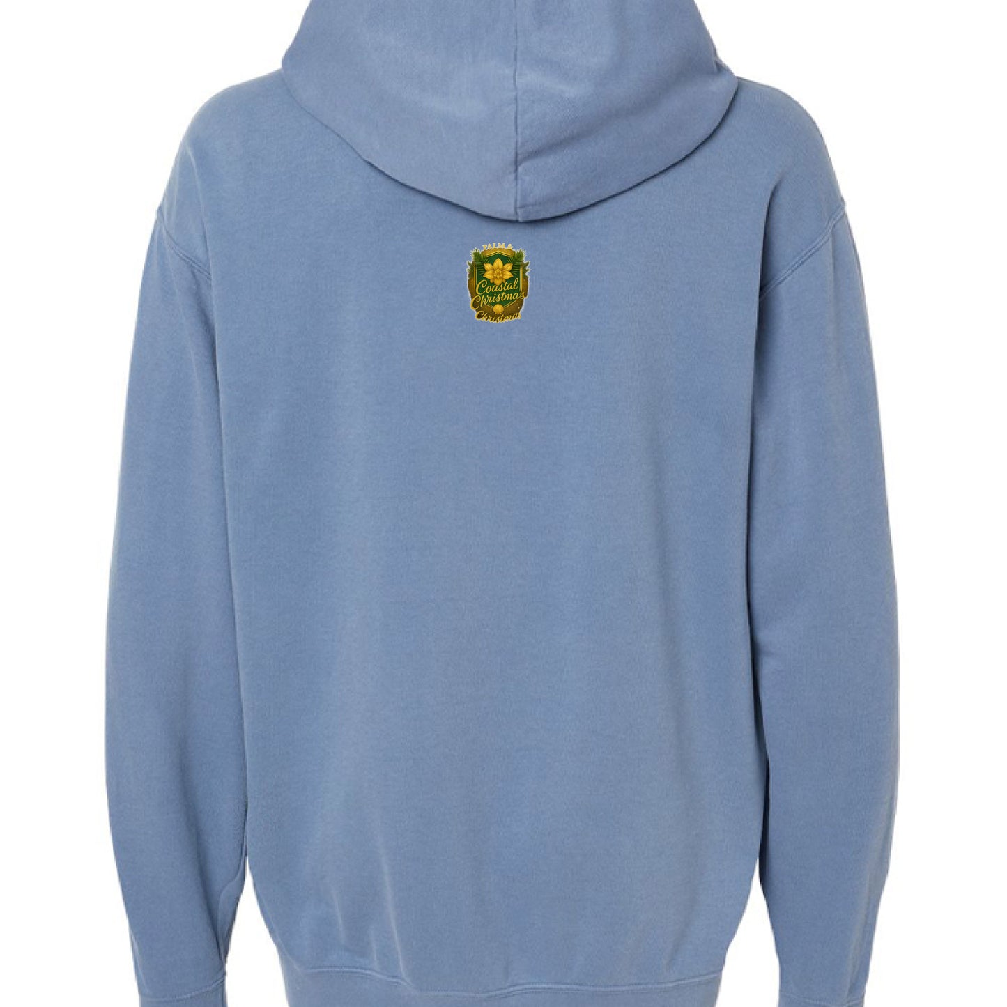 Back view of light blue Coastal Christmas Santa hoodie with green palm and magnolia patch.