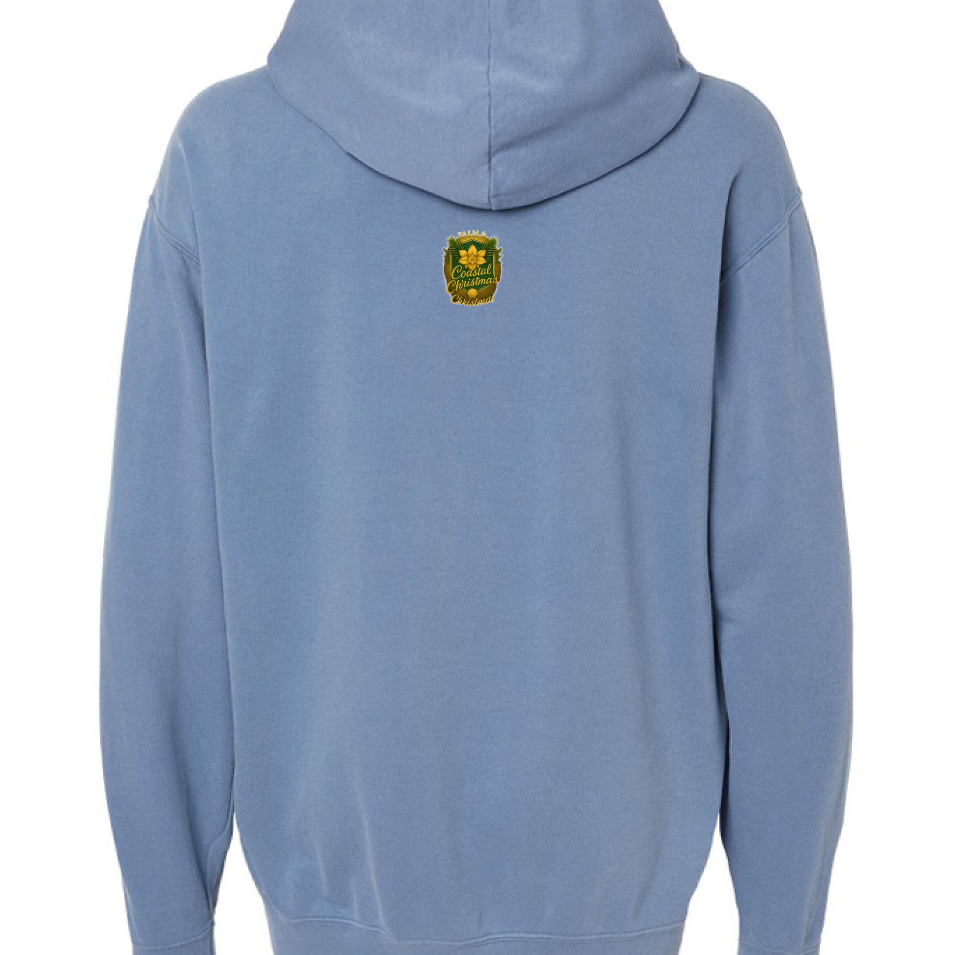 Back view of light blue Coastal Christmas Santa hoodie with green palm and magnolia patch.