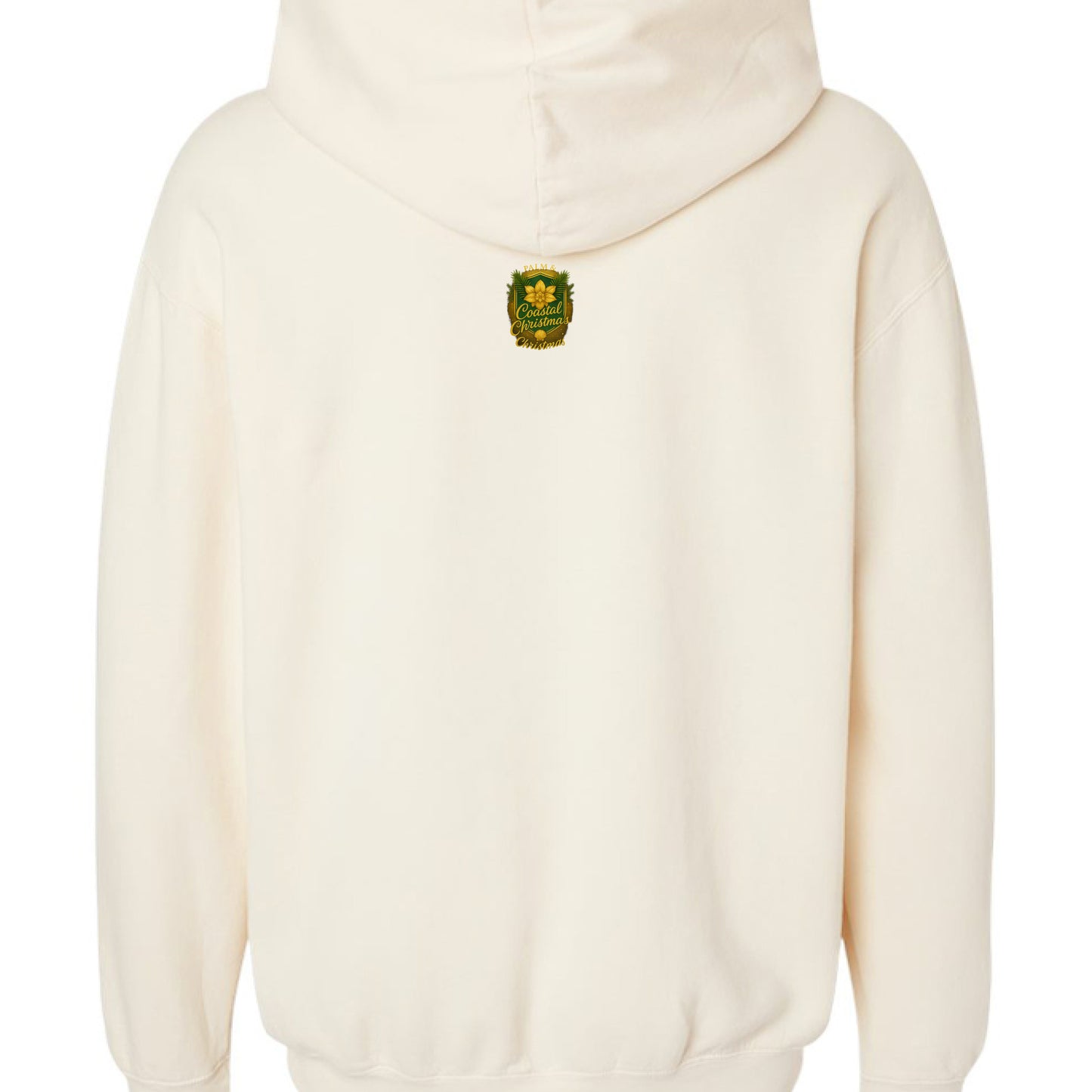 Cream hoodie with green Santa patch featuring palms and magnolias.