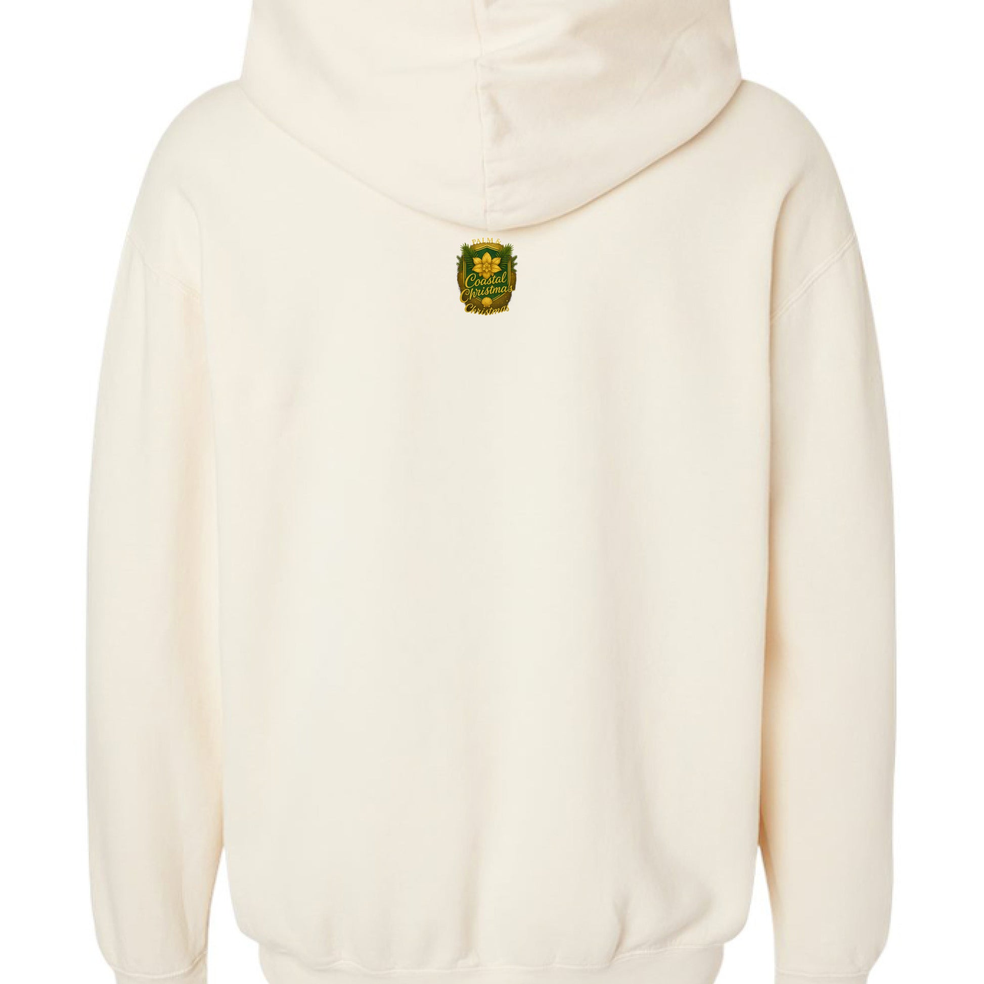 Cream hoodie with green Santa patch featuring palms and magnolias.