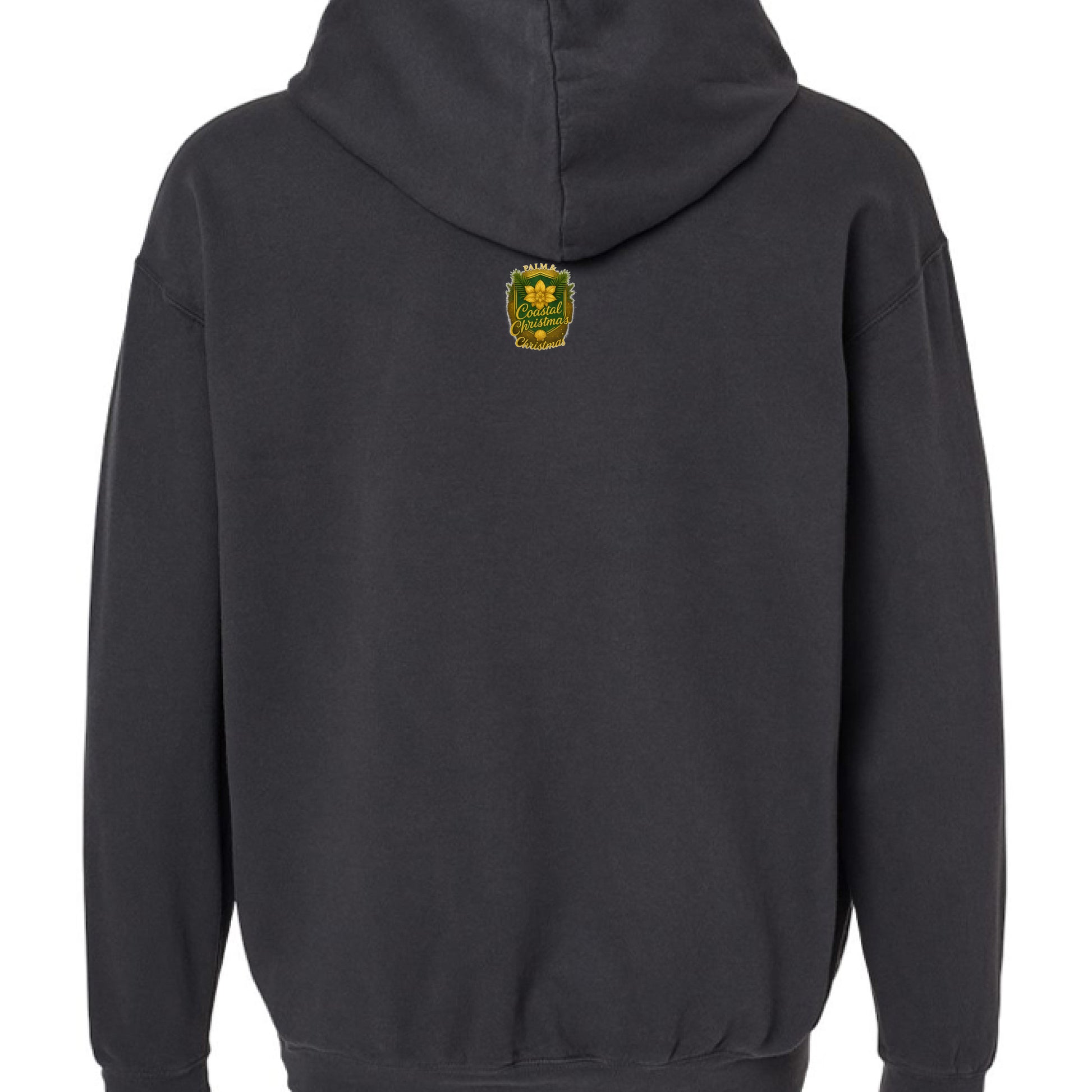 Back view of a black hoodie with a gold and green coastal Santa emblem.