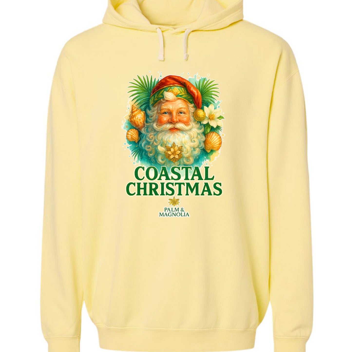 Yellow hoodie featuring a coastal Santa with palms and magnolias, titled Coastal Christmas.