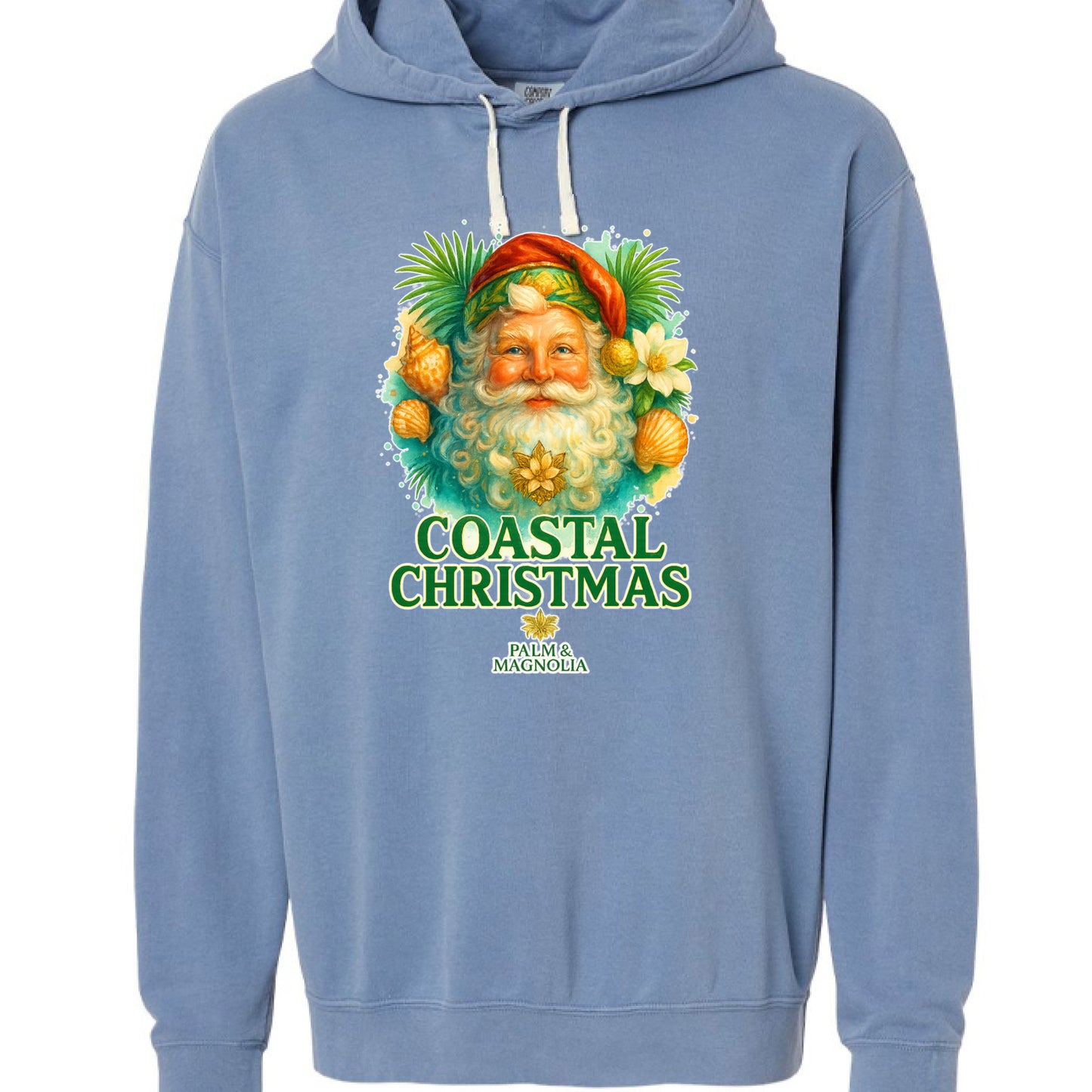 Blue hoodie featuring a coastal Santa with palms and magnolias, titled Coastal Christmas.