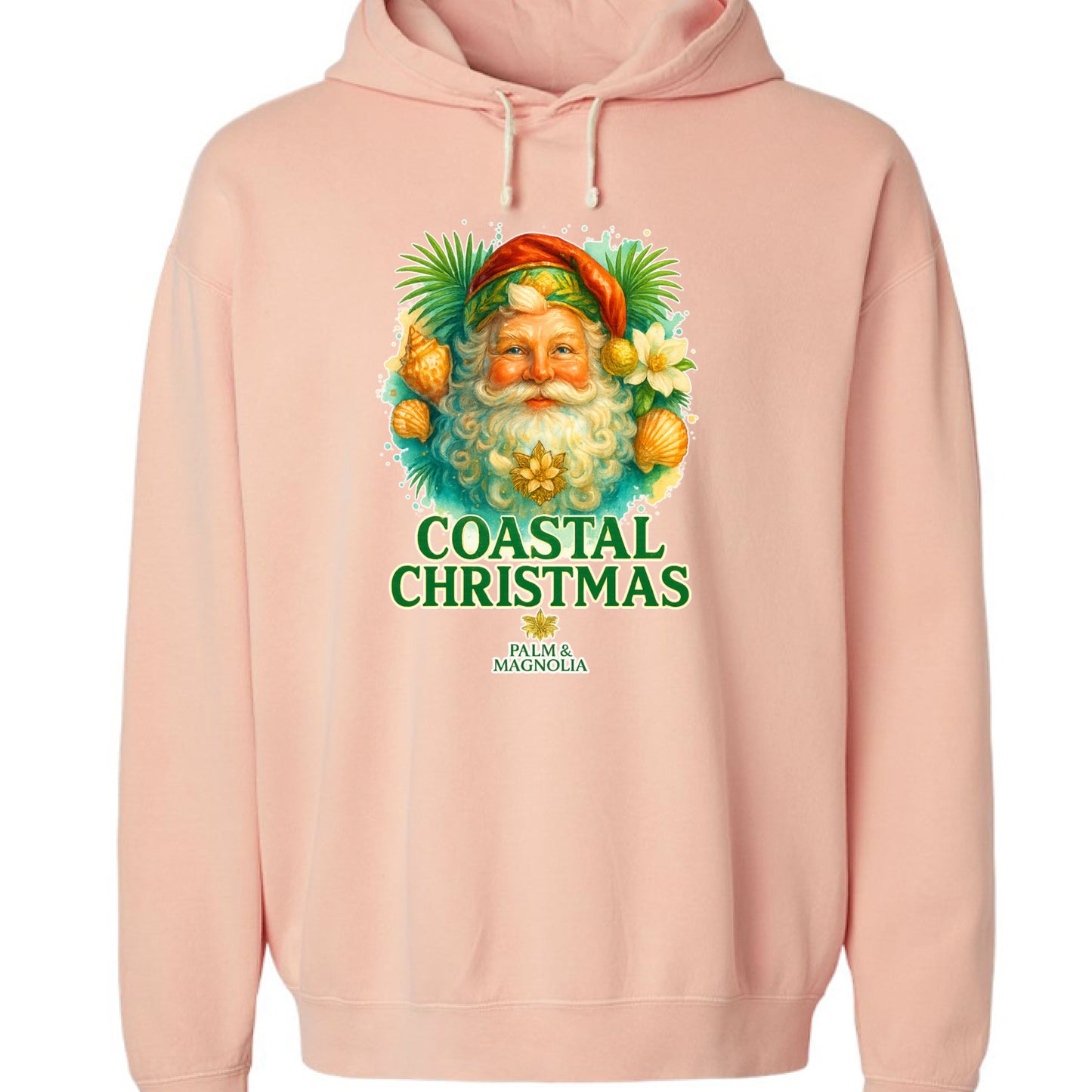 Pink hooded sweatshirt with coastal Santa featuring palms and magnolias.
