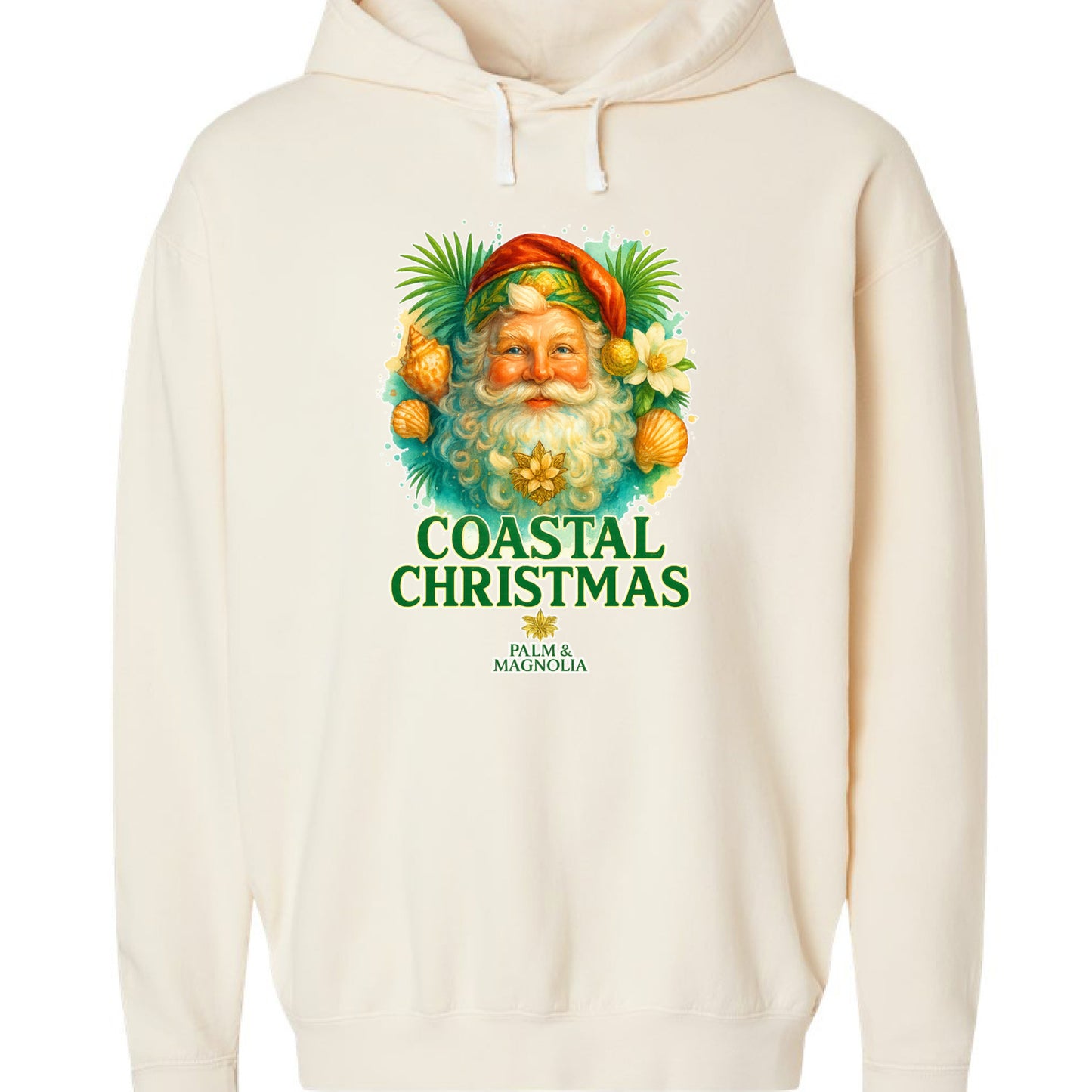Cream hoodie featuring a tropical Santa with palms and magnolias, titled Coastal Christmas.