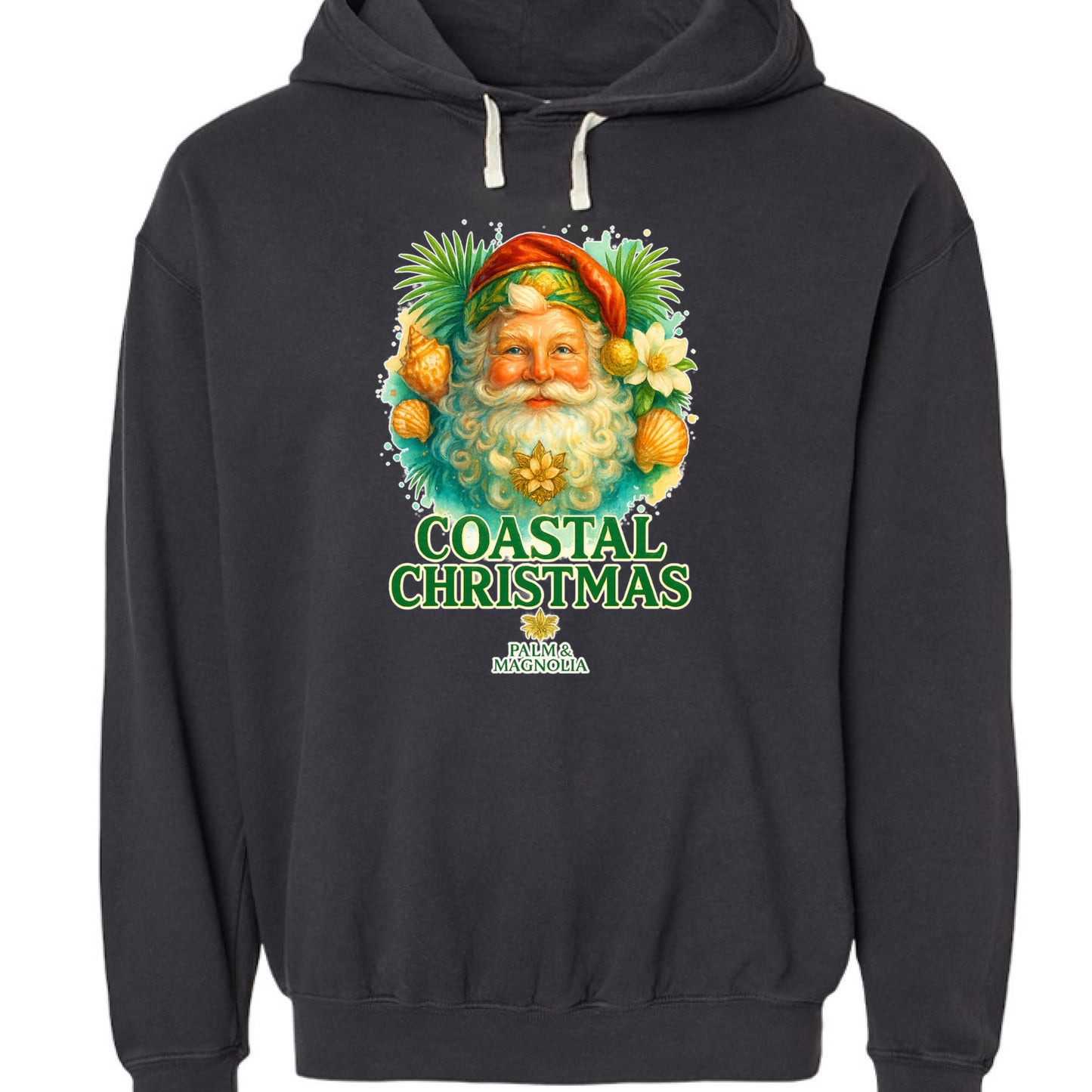 Black hoodie featuring a tropical Santa with palms, magnolias, and seashells, titled Coastal Christmas.