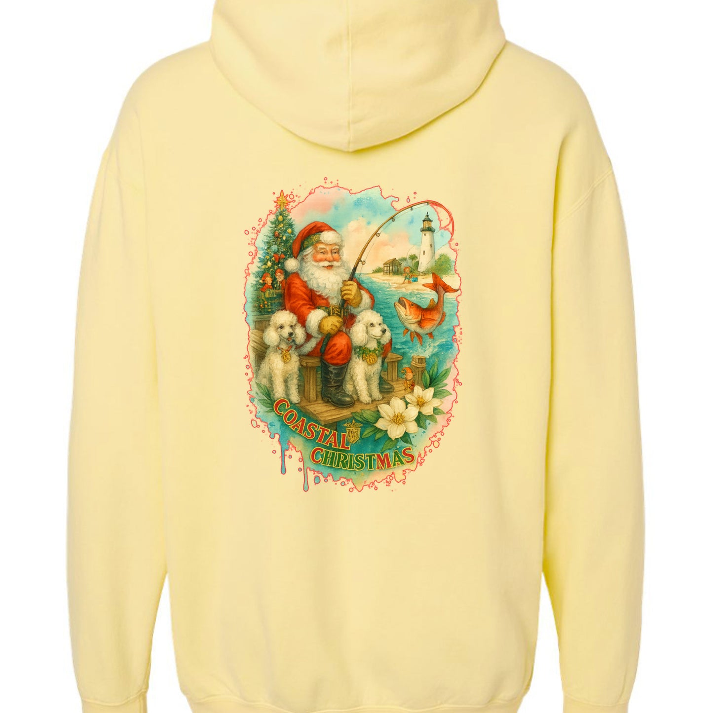 Yellow hoodie with Santa fishing for redfish, two poodles, lighthouse, and Christmas tree on back.