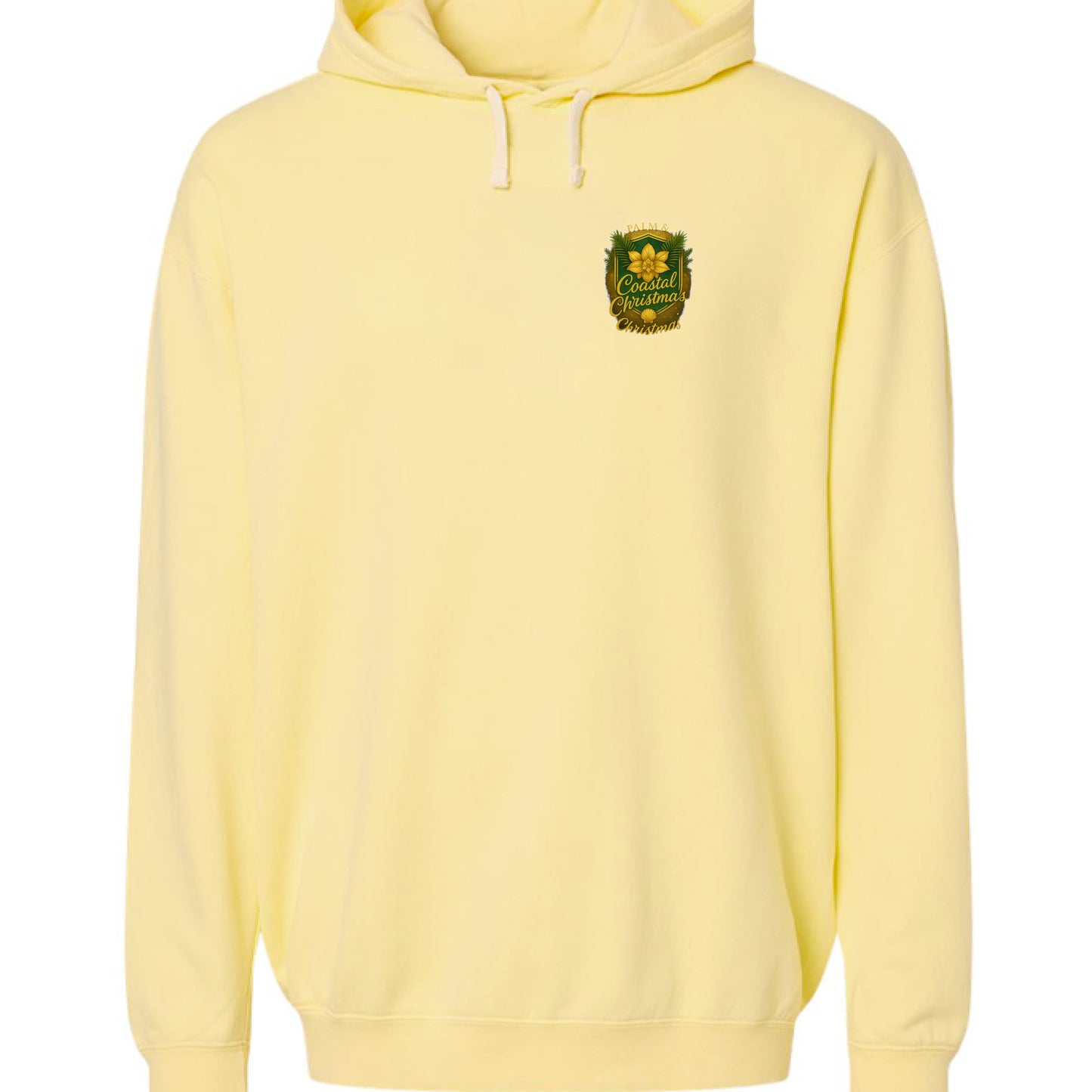 Yellow Comfort Colors hoodie with Santa fishing for redfish and poodles on the chest.