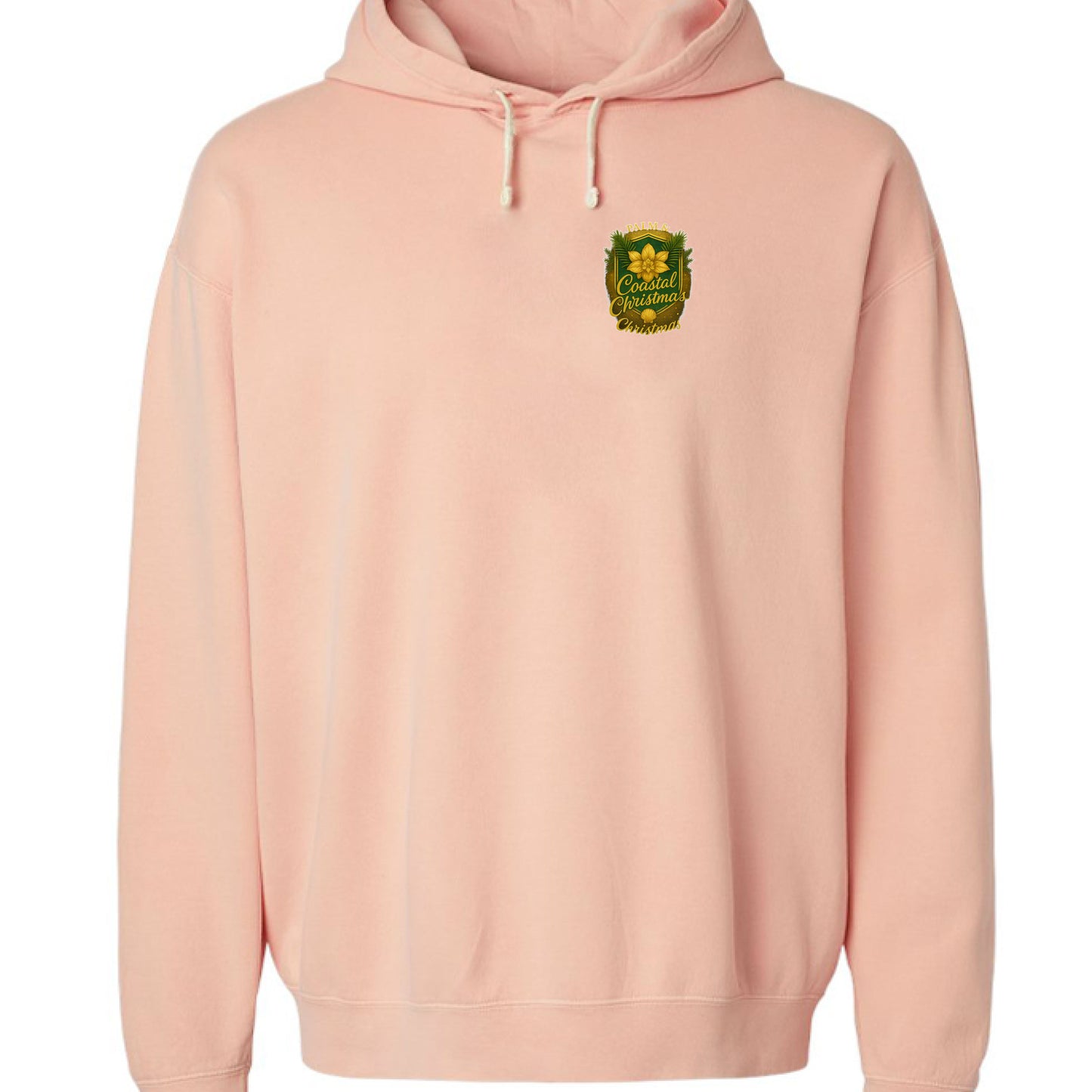Pink Comfort Colors hoodie with Santa fishing for redfish, poodles, lighthouse, and Christmas tree artwork.