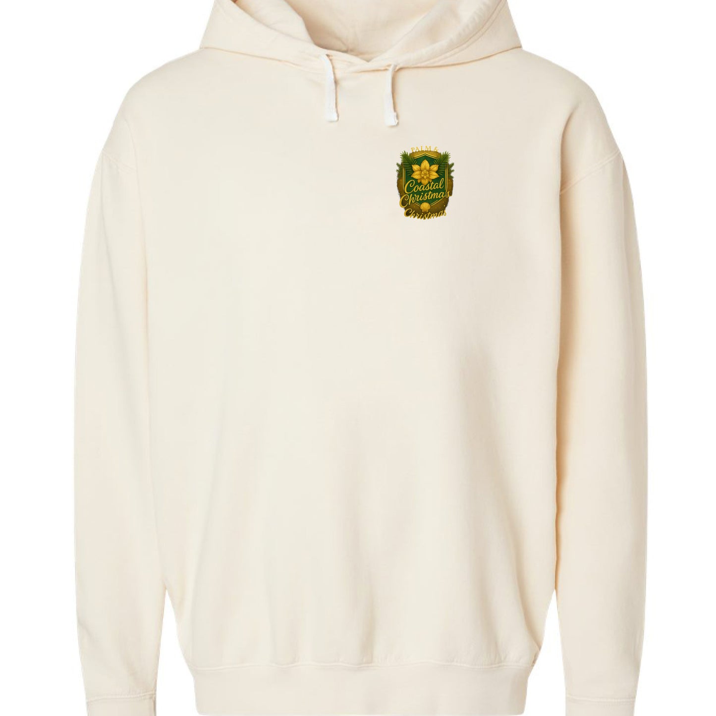 Cream hoodie with embroidered green palm and magnolia crest on chest.
