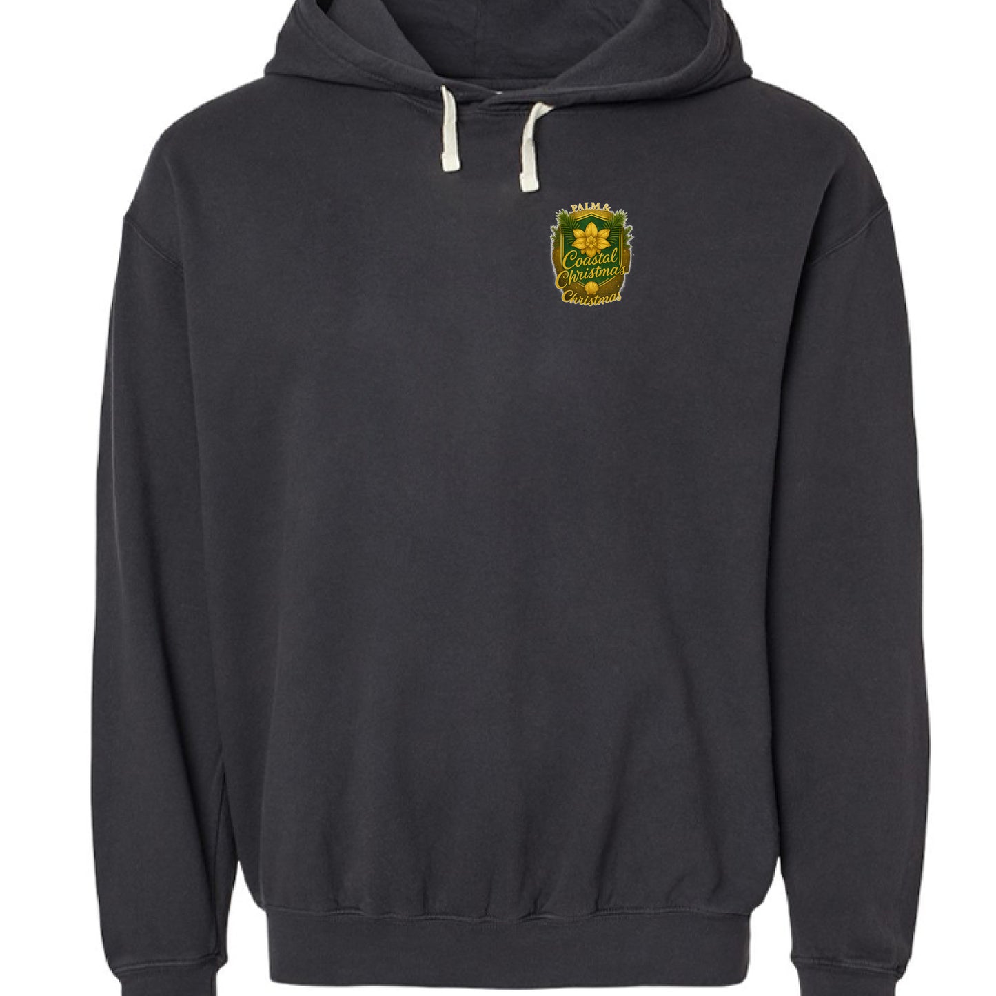 A gray Comfort Colors hoodie with a coastal Christmas patch of Santa fishing for redfish beside poodles, lighthouse, and tree.