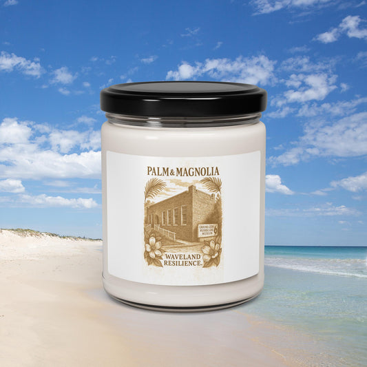 A soy candle in a glass jar labeled Palm and Magnolia Waveland Heritage, with a beachfront building illustration.