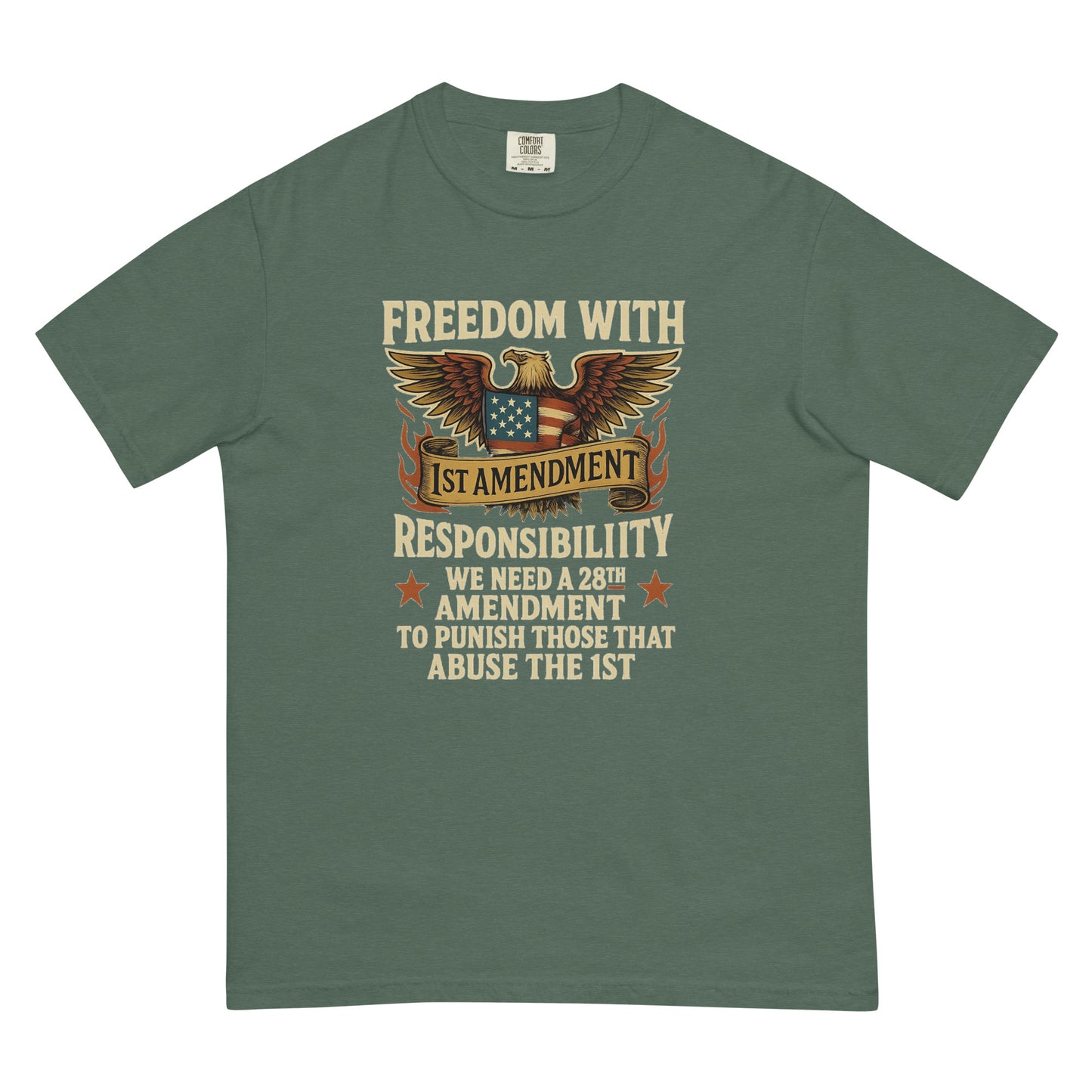 Green unisex heavyweight t-shirt with eagle and 28th Amendment graphic.