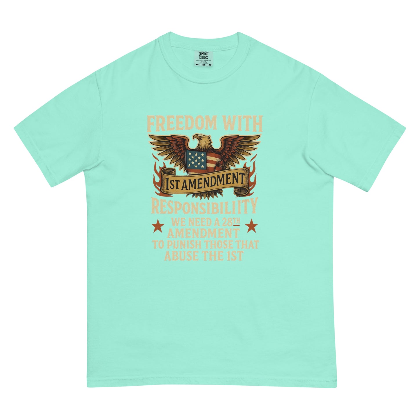 Light green unisex heavyweight t-shirt with eagle and 1st Amendment graphic.