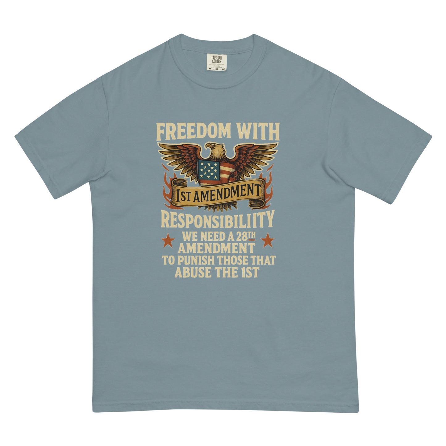 Gray heavyweight unisex t-shirt with eagle and 1st Amendment freedom design.