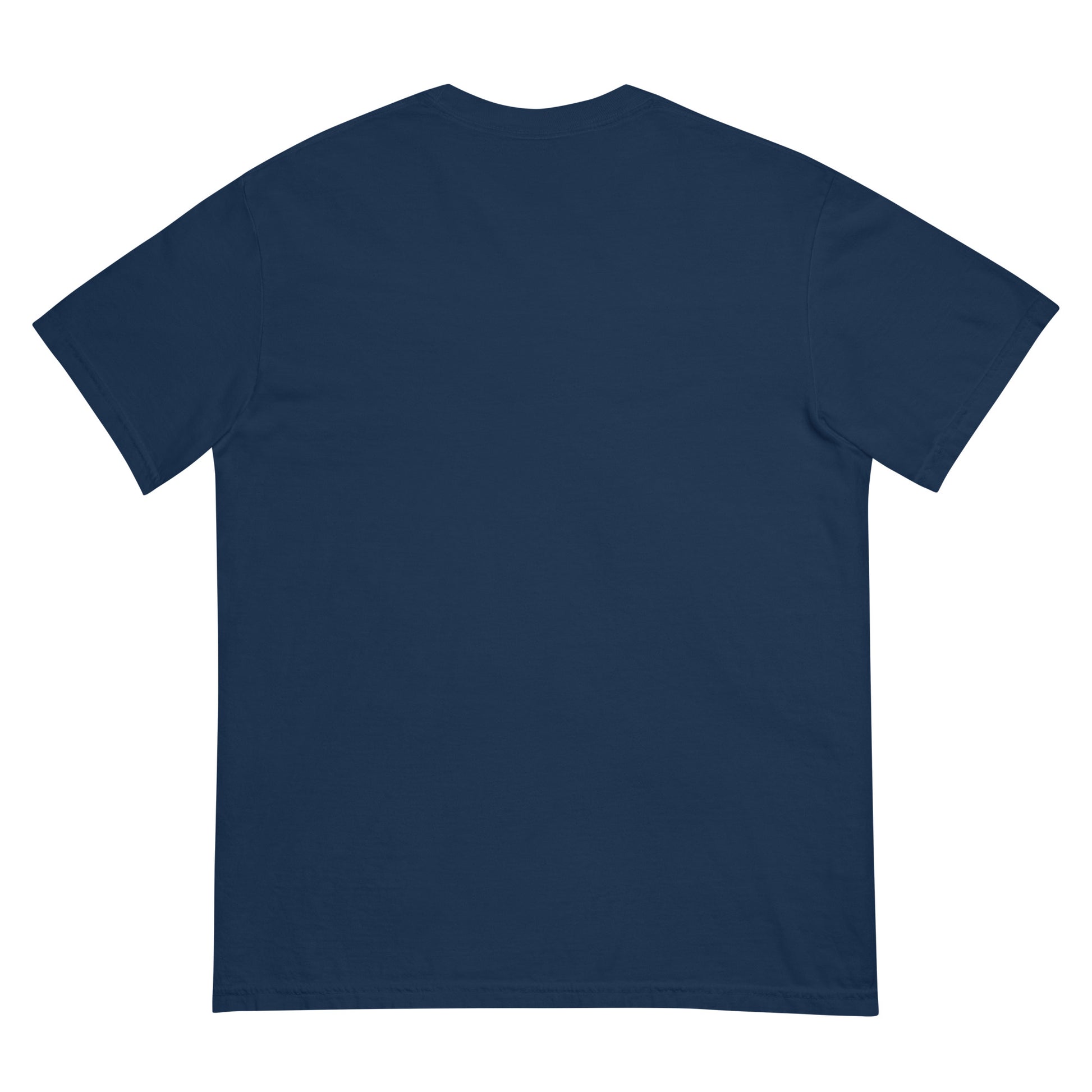 Rear view of navy blue heavyweight unisex t-shirt with blank back.