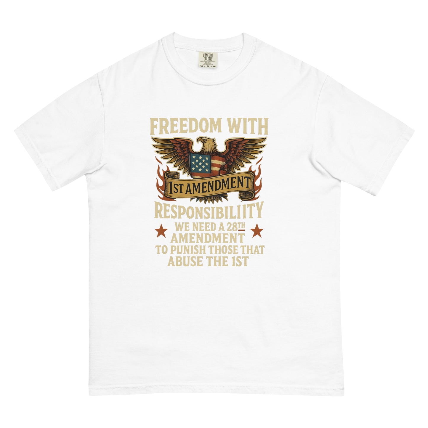 White unisex heavyweight t-shirt with eagle and 1st Amendment graphic.