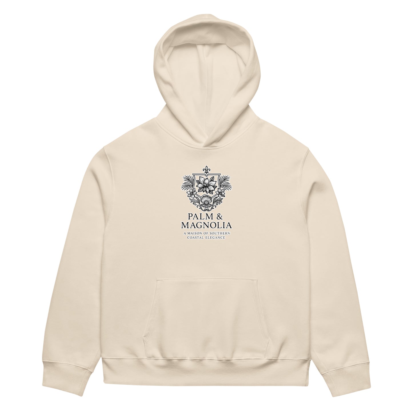 Oversized cream hoodie with "Hope Anchors the Soul" text and anchor emblem on chest.