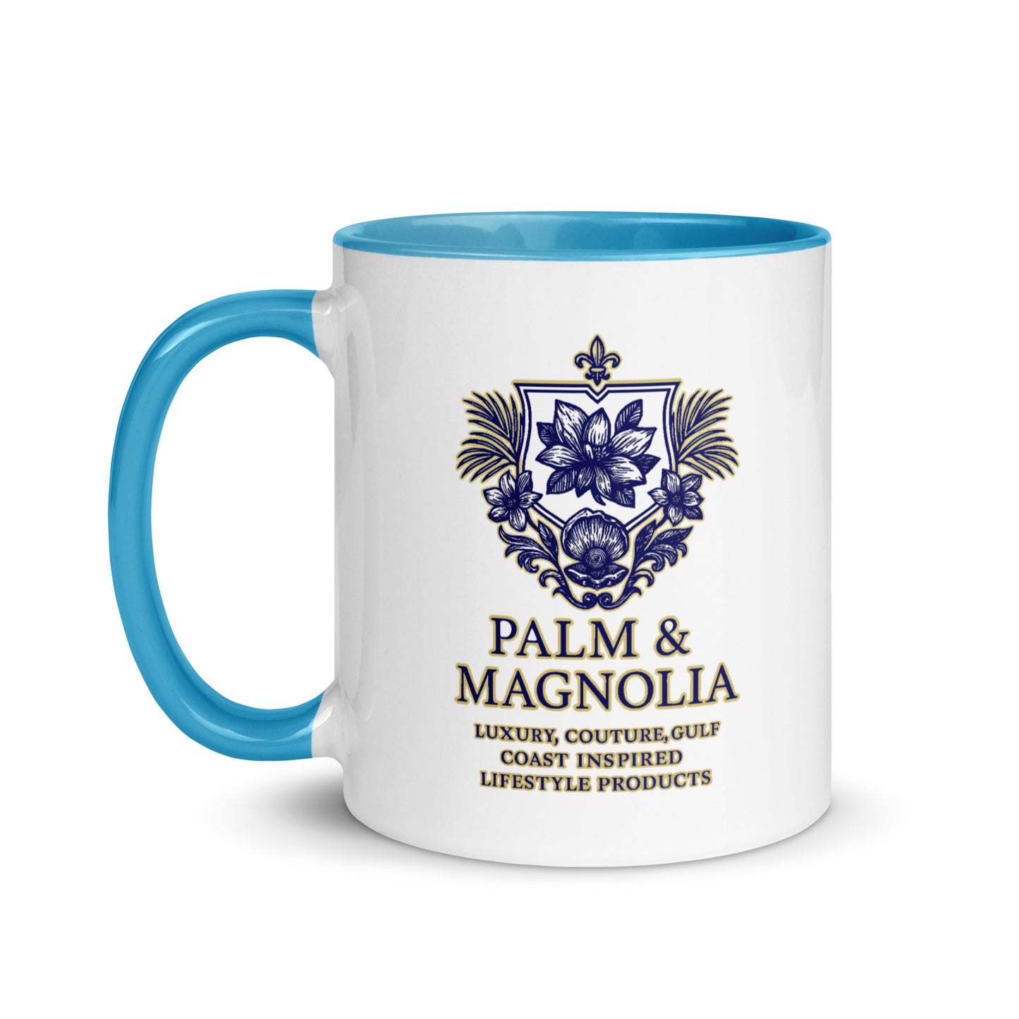 White ceramic mug with turquoise handle, navy Palm & Magnolia crest, and "Luxury, Couture, Gulf Coast Inspired Lifestyle Products" text.