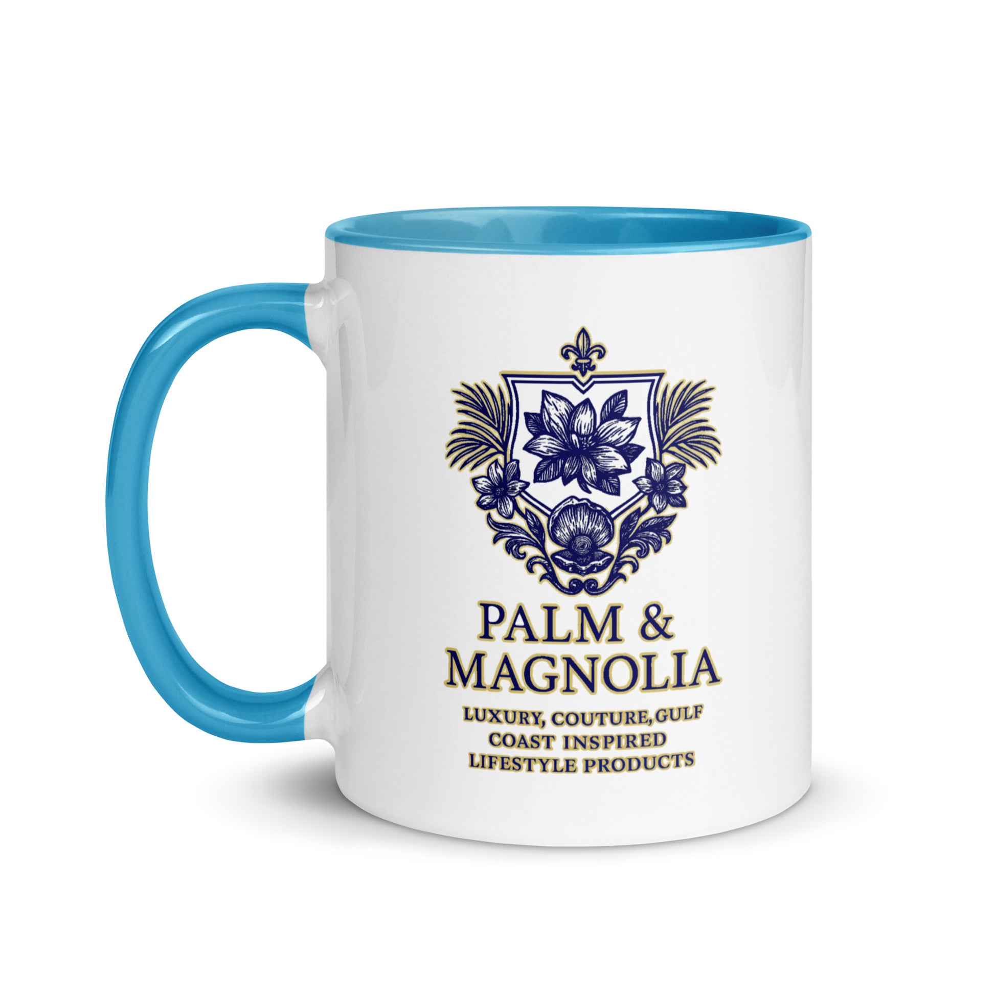 White ceramic mug with turquoise handle, navy Palm & Magnolia crest, and "Luxury, Couture, Gulf Coast Inspired Lifestyle Products" text.