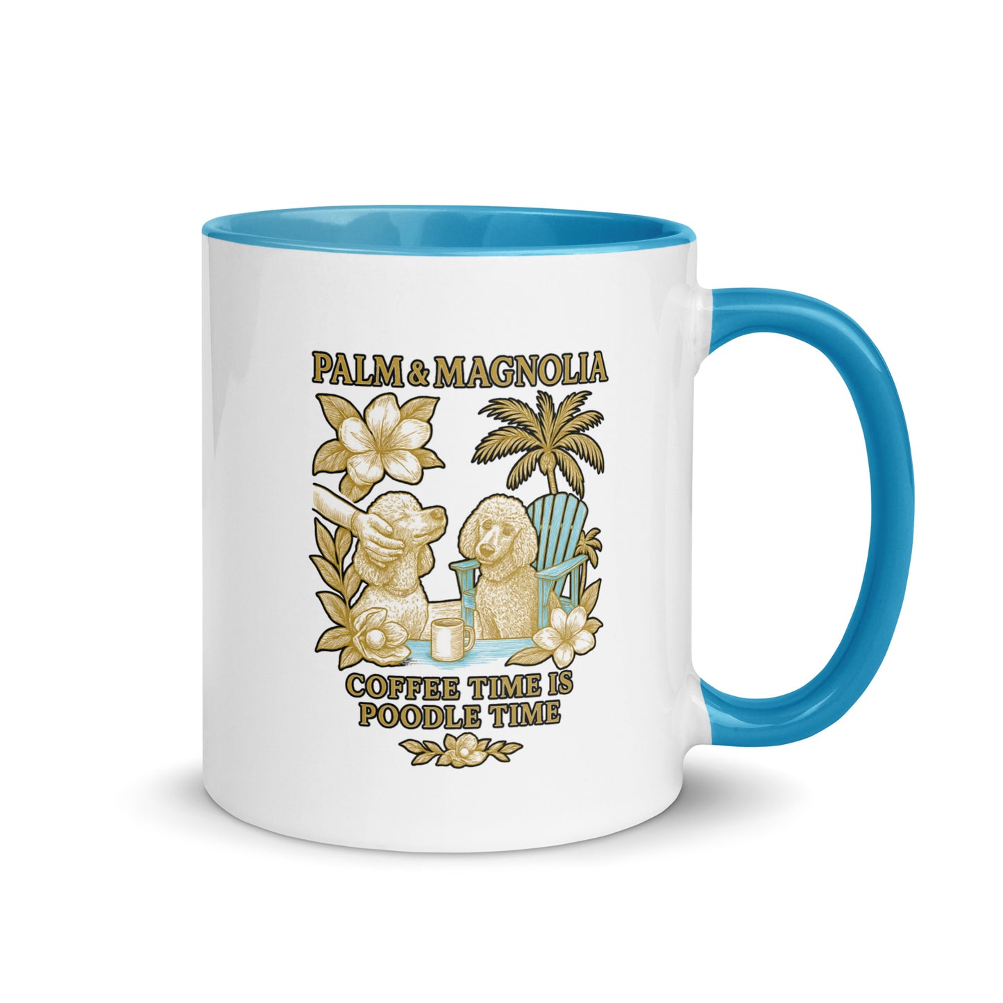 White ceramic mug with blue rim and handle, featuring two poodles in palm and magnolia design, and text "Coffee Time Is Poodle Time.
